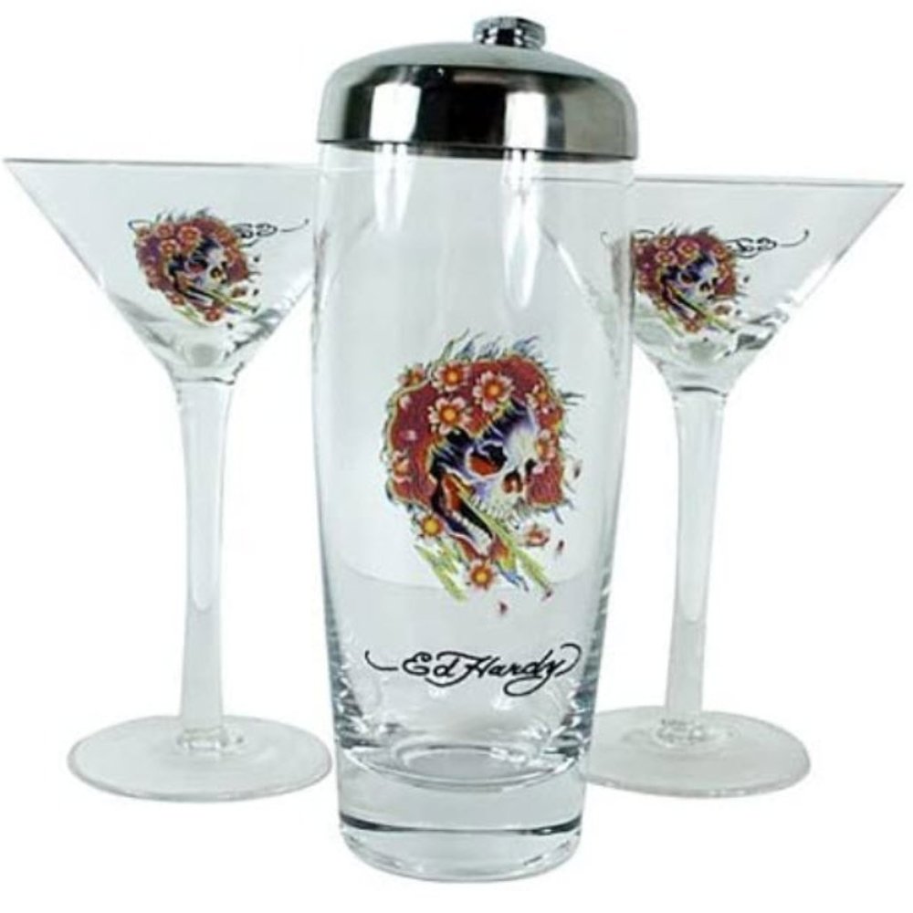 Ed Hardy Martini Shaker Set - Includes Glass Shaker And Two Martini Glasses New
